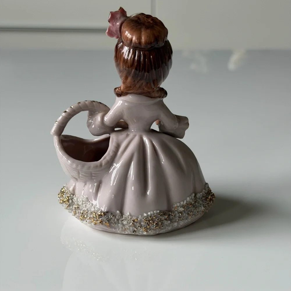 Ucagco Vintage Ceramic Spahgetti Trim Girl Figurine with Basket Planter